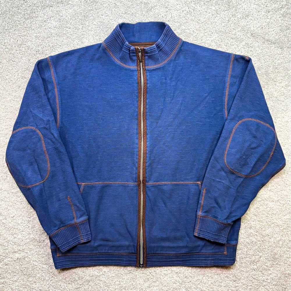 Tommy Bahama Full Zip Sweater Mens XL Blue Cotton Elbow Patches Mock Neck